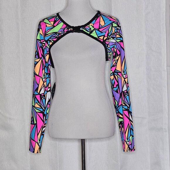 Rolita Couture Bold Colorful Neon Stained Glass Print Festival Buckle Crop Top - Picture 6 of 14
